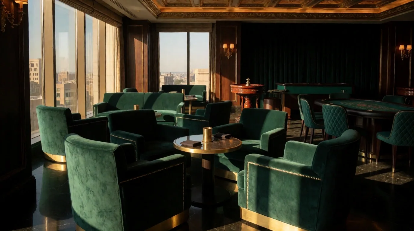 De sfeervolle emerald lounge van Grand Square Is bij namiddaglicht