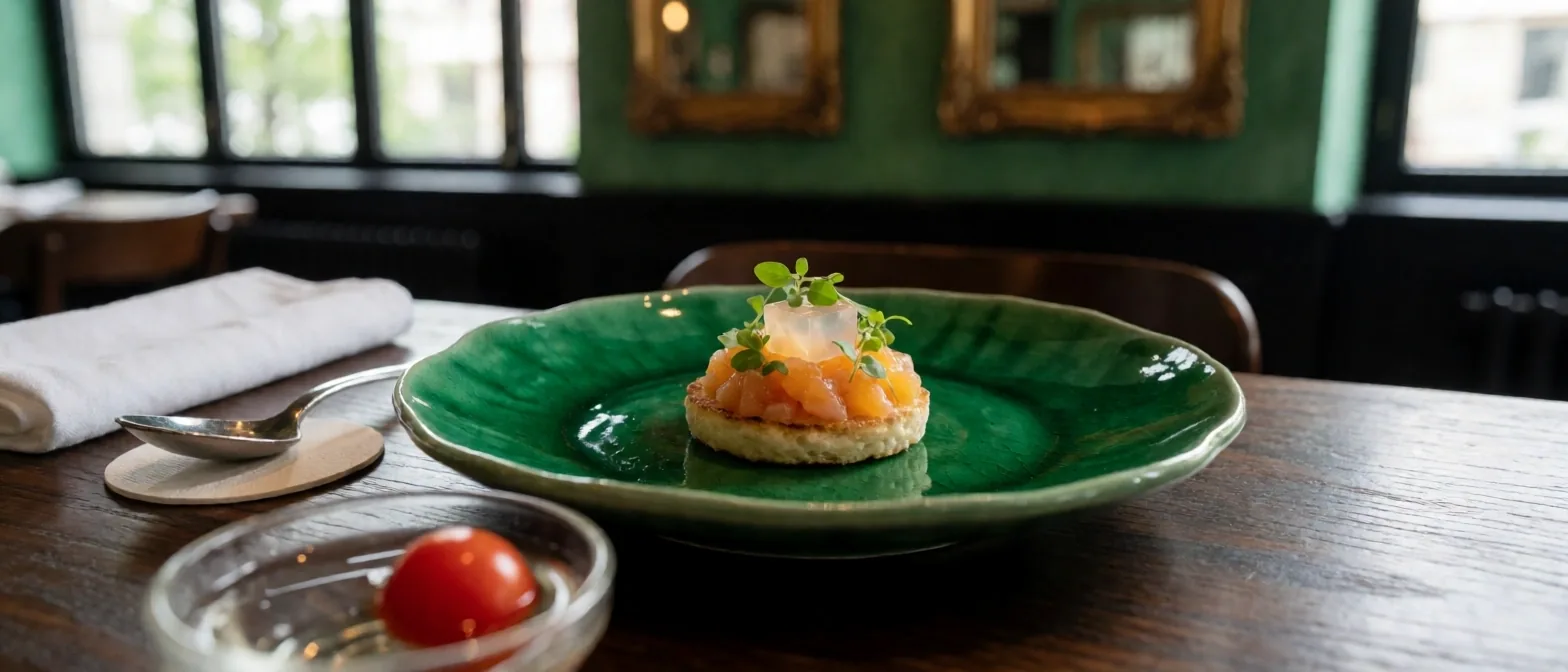 Signatuur gerecht gepresenteerd op emerald servies